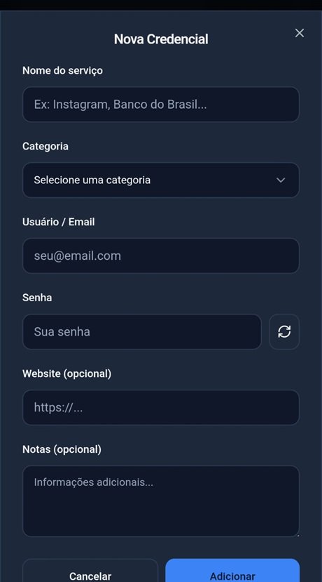 Formulário de nova credencial d'O Cofre de Senhas com campos de serviço, categoria, usuário, senha e notas.