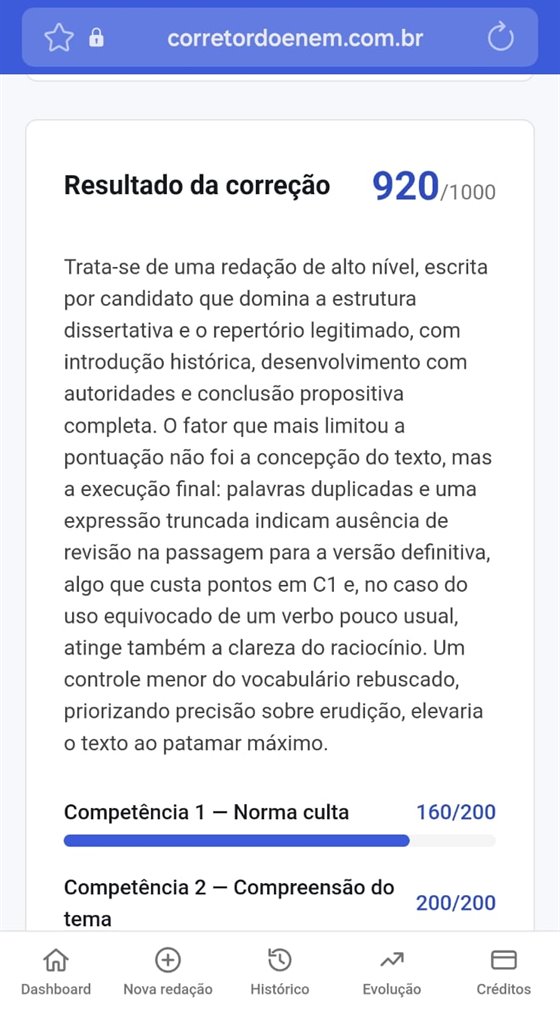 Resultado da correção no Corretor do ENEM: nota final, análise do texto e notas por competência.